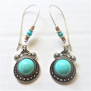 Earrings Turquoise Hook Dangle Boho Hippie Stylish Vibrant Beads Silver Hanging